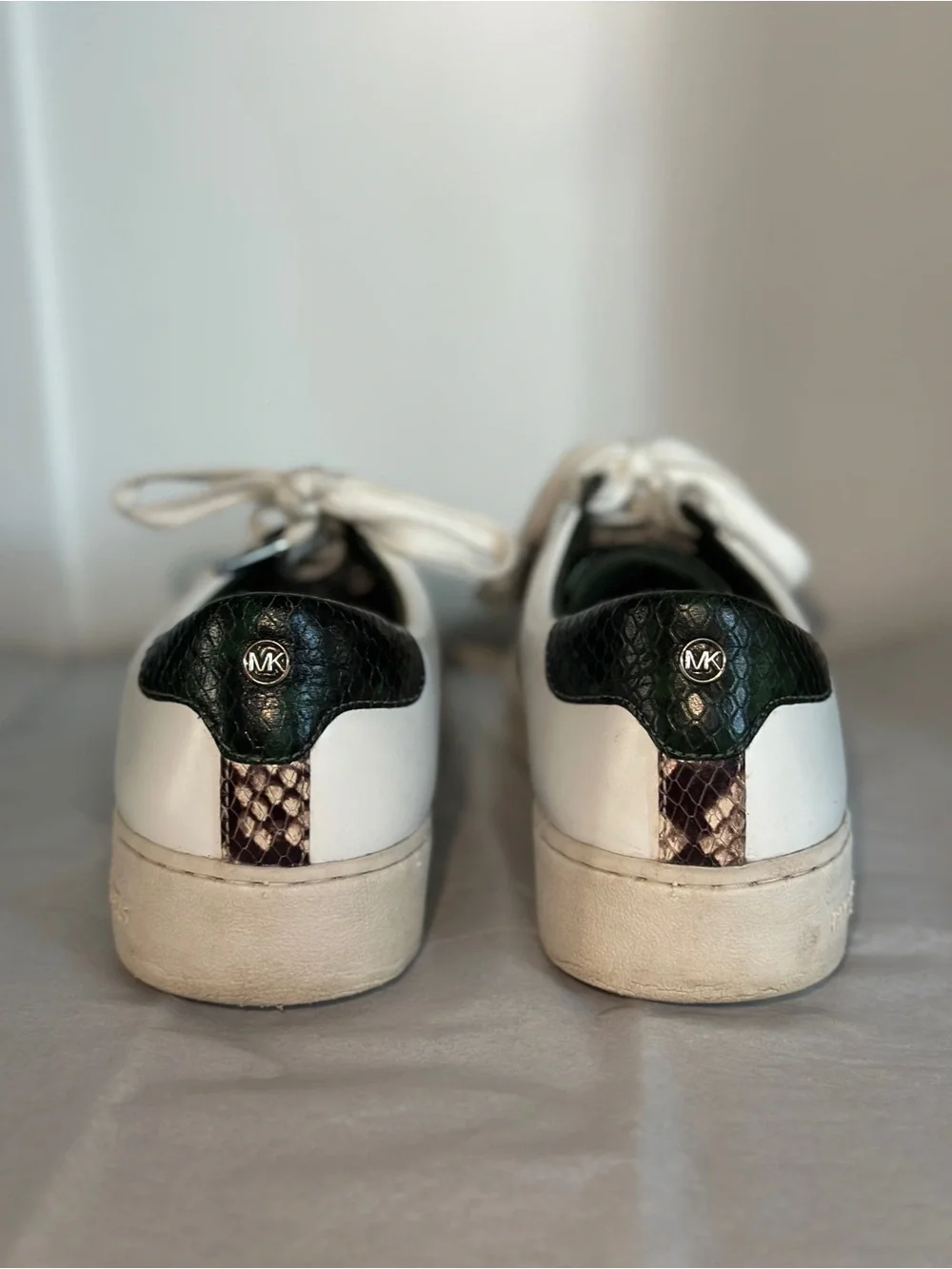 Michael Kors White Leather Sneakers with Dark Green & Snakeskin Trim